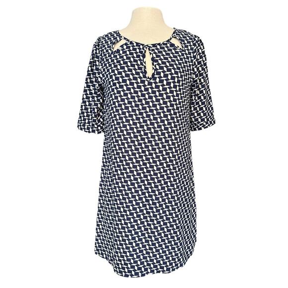 Needle and Thread Knee Length Cut Out Neck Blue White Geo Print Shift Dress Med - Picture 7 of 7